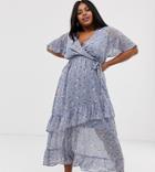 New Look Curve Ruffle Maxi Dress In Blue Ditsy Floral - Blue