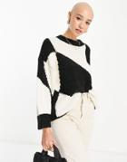 Topshop Knitted Boucle Oversized Argyle Sweater In Monochrome-black