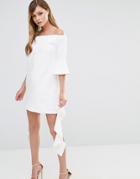 Dark Pink Off Shoulder Mini Dress With Frill Sleeve - White