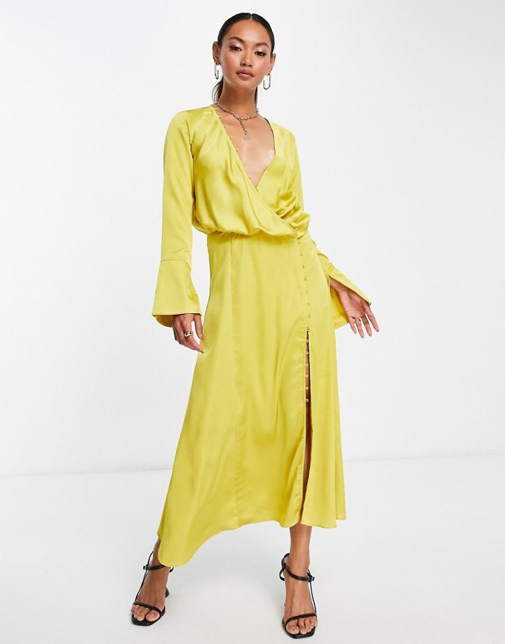 Asos Design Bias Cut Drape Midi Dress With Button Detail In Mustard-yellow