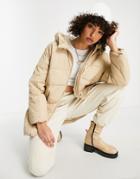 Bershka Oversized Longline Padded Coat In Camel-white