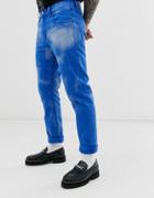 Asos Design Slim Jeans In Cobalt Blue With Cloud Effect