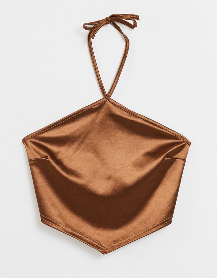 Asos Design Satin Halter Scarf Hem Top In Light Brown