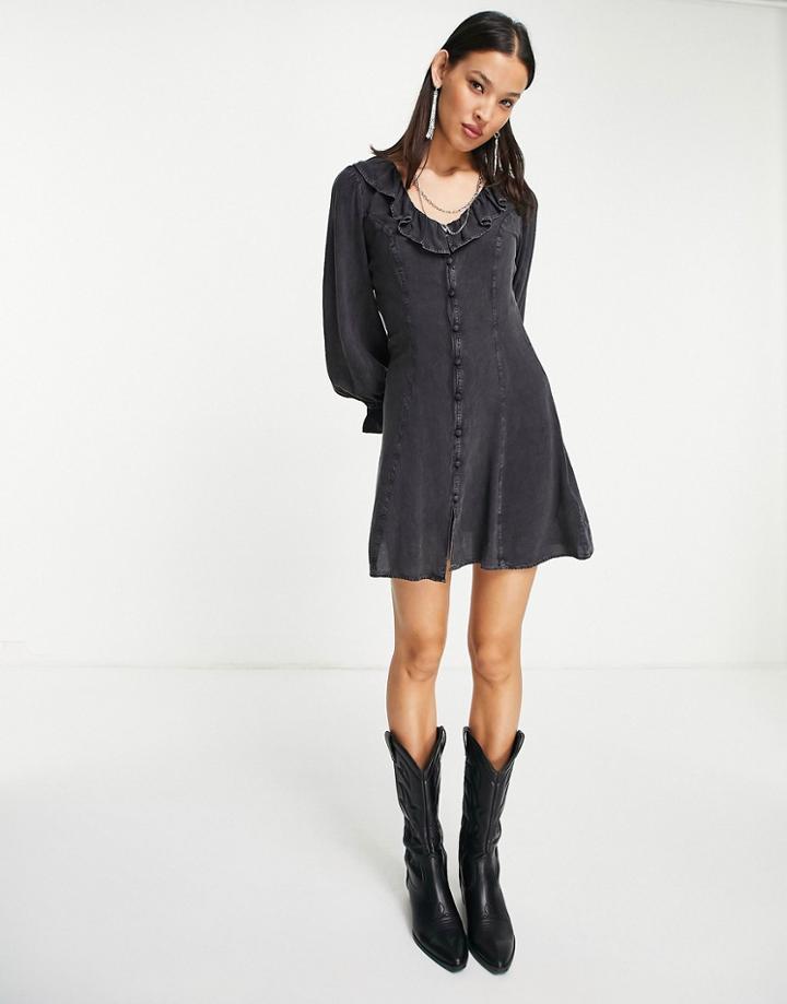 Violet Romance Frill Front Mini Dress In Washed Charcoal-black