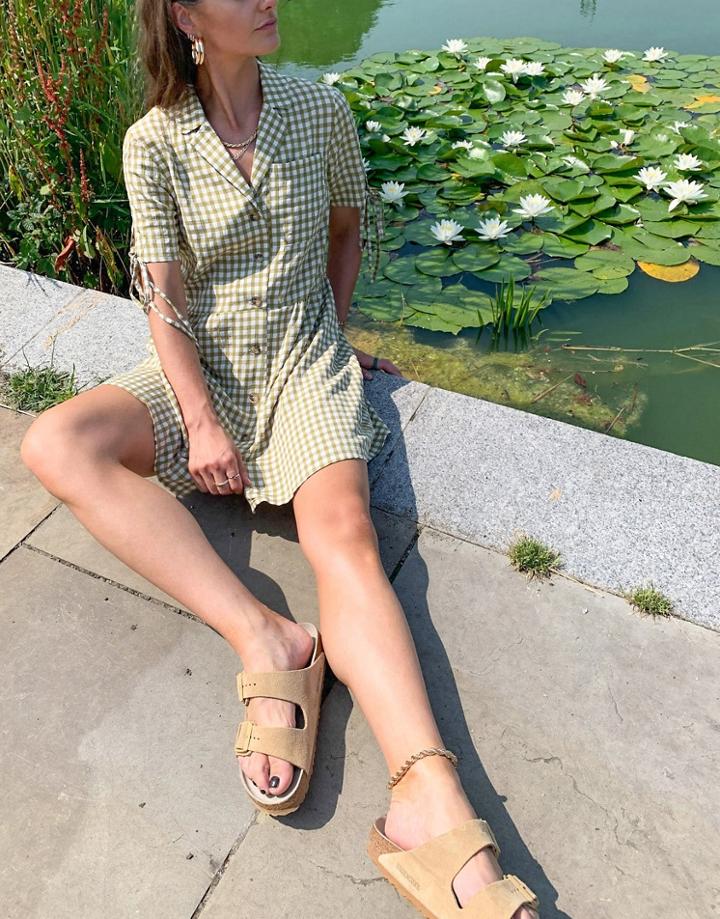 Topshop Tie Sleeve Gingham Check Mini Dress In Khaki-multi