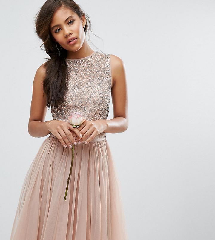 Maya Tall Sleeveless Sequin Top Midi Dress With Tulle Skirt And Bow Back Detail-pink