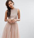 Maya Tall Sleeveless Sequin Top Midi Dress With Tulle Skirt And Bow Back Detail-pink