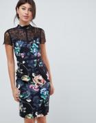 Little Mistress Printed Lace Sleeve Pencil Dress - Multi