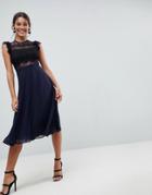Asos Lace Midi Dress With Lace Frill Sleeve - Navy