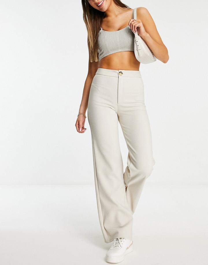 Stradivarius Wide Leg Ribbed Pants With Side Split In Ecru-neutral