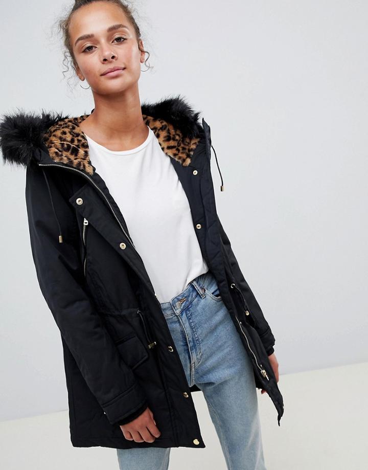 Only Leonora Longline Parka Coat With Faux Fur Trim - Black