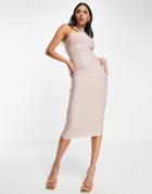 Band Of Stars Bandage One Shoulder Long Sleeve Midi Dress In Oyster-pink