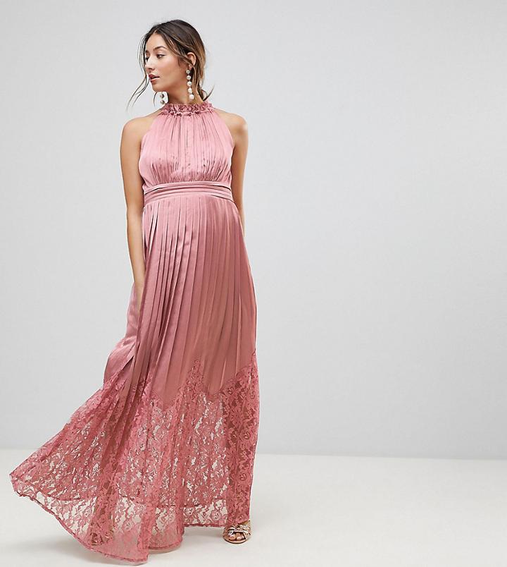 Little Mistress Maternity Ruffle High Neck Maxi Dress With Lace Pleated Skirt - Pink