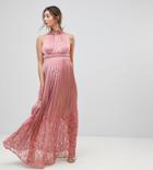 Little Mistress Maternity Ruffle High Neck Maxi Dress With Lace Pleated Skirt - Pink