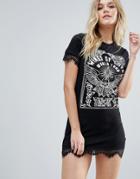 Brave Soul Graphic Lace Trim Band T-shirt Dress - Black