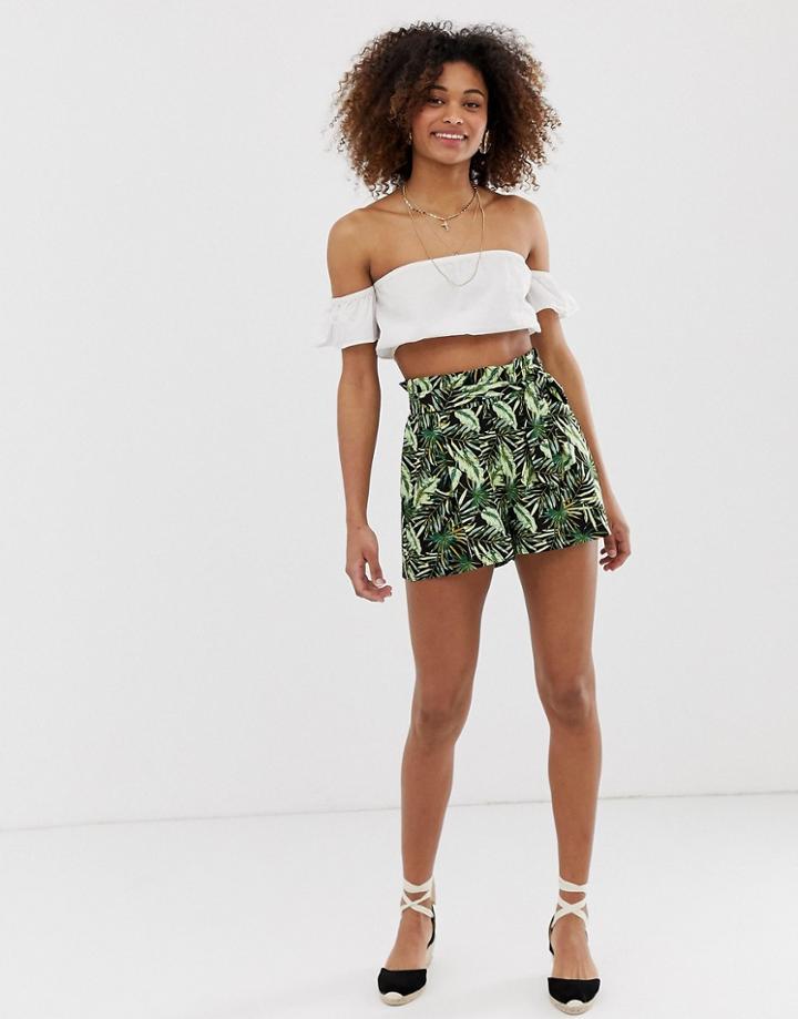 Asos Design Paperbag Waist Short In Tropical Palm Print-multi