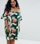 Asos Curve Off Shoulder Smock Mini Dress In Tropical Print - Multi