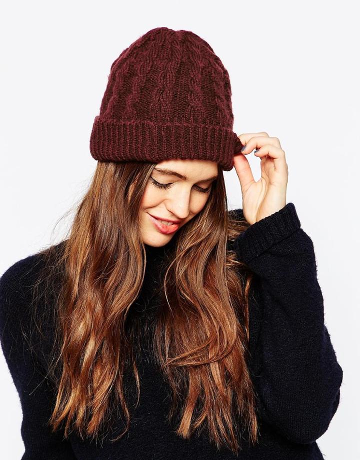 Asos Cable Beanie - Burgundy