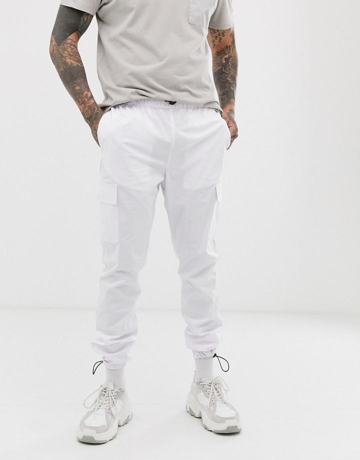Asos Design Tapered Cargo Pants In White Nylon - White