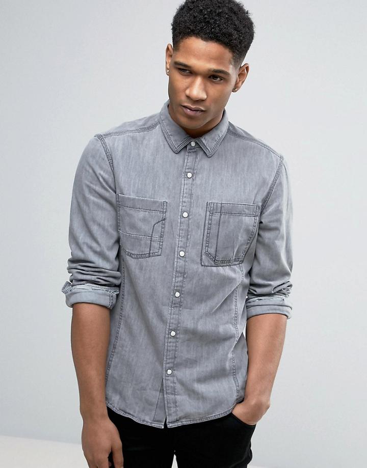 Esprit Slim Fit Long Sleeve Denim Shirt - Gray