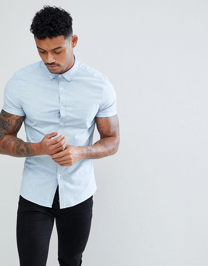 Asos Casual Stretch Skinny Short Sleeve Oxford In Light Blue Gray - Blue