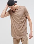 Asos Longline T-shirt With Curved Hem In Stone - Sand Dune