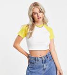 Asos Design Petite Fitted Crop Top With Contrast Raglan Sleeve In White And Yellow