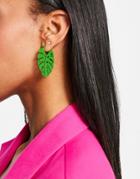 Asos Design Hoop Earrings In Palm Leaf Design In Green Tone