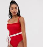 Peek & Beau Fuller Bust Exclusive Eco Ruffle Neckline Swimsuit With Stripe Belt In Red D - F Cup