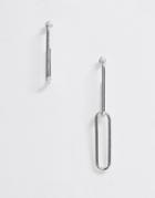 Asos Design Asymmetric Chain Hoop Earrings In Silver Tone - Silver