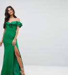 Jarlo Frill Off Shoulder Maxi Dress With Thigh Split - Green