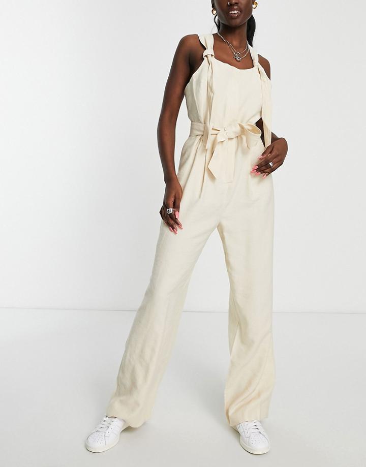 Topshop Strap Detail Jumpsuit In Cream-neutral