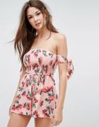 Asos Pink Rose Print Shirred Bardot Beach Romper - Pink