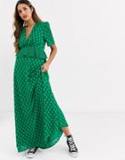 Twisted Wunder Frill Waist Detail Maxi Dress In Contrast Green Polka Dot