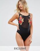 Wolf & Whistle Embroidered Mesh Swimsuit B-f Cup - Black