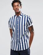 Asos Shirt With Breton Stripe In Navy With Short Sleeves In Regular Fit - Navy