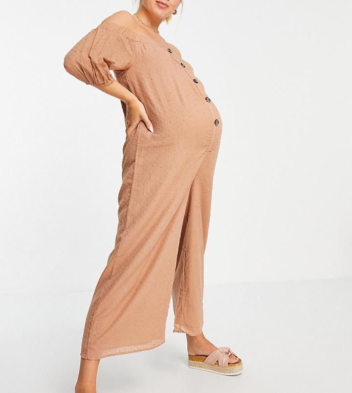 Asos Design Maternity Off Shoulder Button Front Textured Jumpsuit In Sand-brown