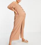 Asos Design Maternity Off Shoulder Button Front Textured Jumpsuit In Sand-brown