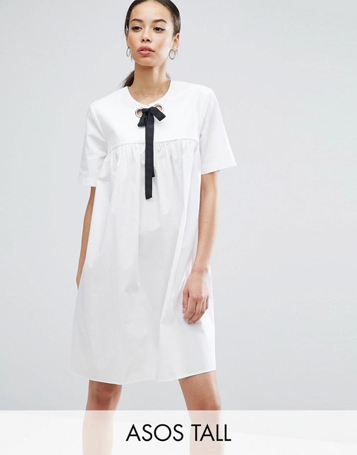 Asos Tall Smock Dress With Eyelet Detail And Grosgrain Tie - White