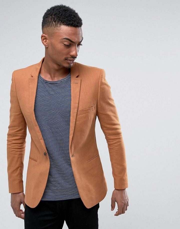 Asos Super Skinny Blazer In Tan Linen Blend - Tan