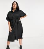 River Island Plus Tie Waist Midi Shirt Dress In Black