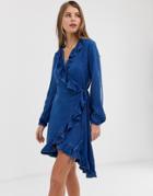 Qed London Denim Frill Front Dress In Mid Wash Blue - Blue
