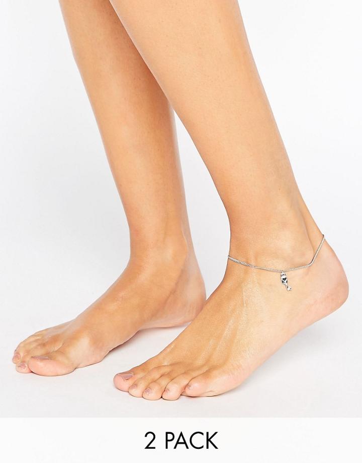 Asos Pack Of 2 Lock & Key Anklets - Silver