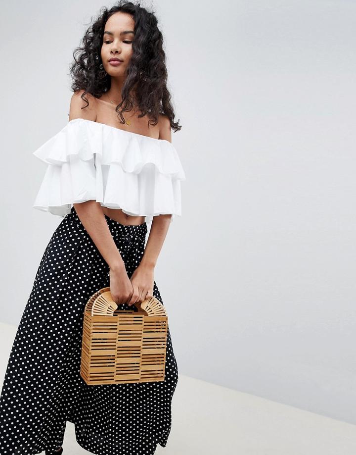 Qed London Off Shoulder Frill Top - White