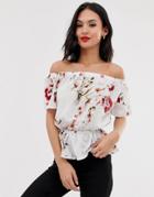 Parisian Bardot Top In Floral Print-white