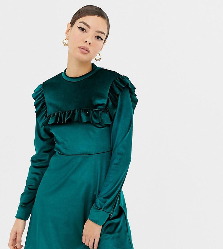 Boohoo Velvet Ruffle Detail Skater Mini Dress In Green - Green