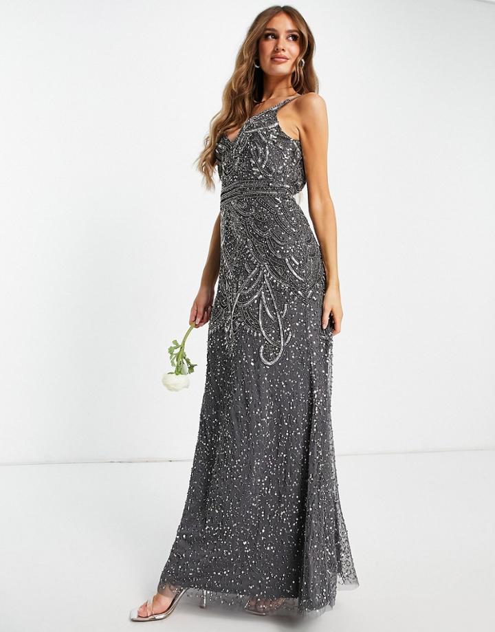 Beauut Bridesmaid Embellished Maxi Dress With Detachable Cape In Dark Gray-grey
