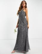 Beauut Bridesmaid Embellished Maxi Dress With Detachable Cape In Dark Gray-grey