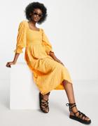 Miss Selfridge Seersucker Shirred Midi Dress In Tangerine-orange