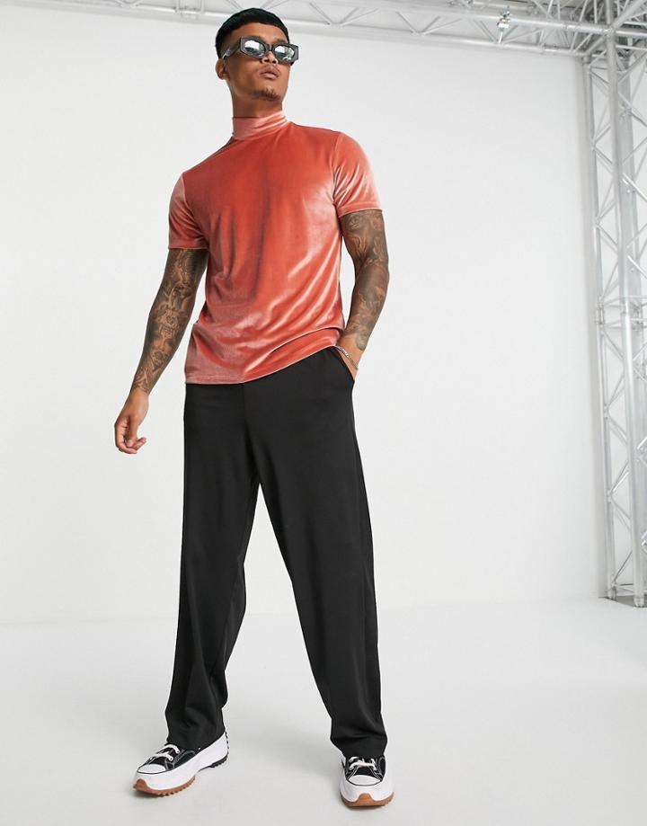 Asos Design High Neck Velour T-shirt In Rust-orange